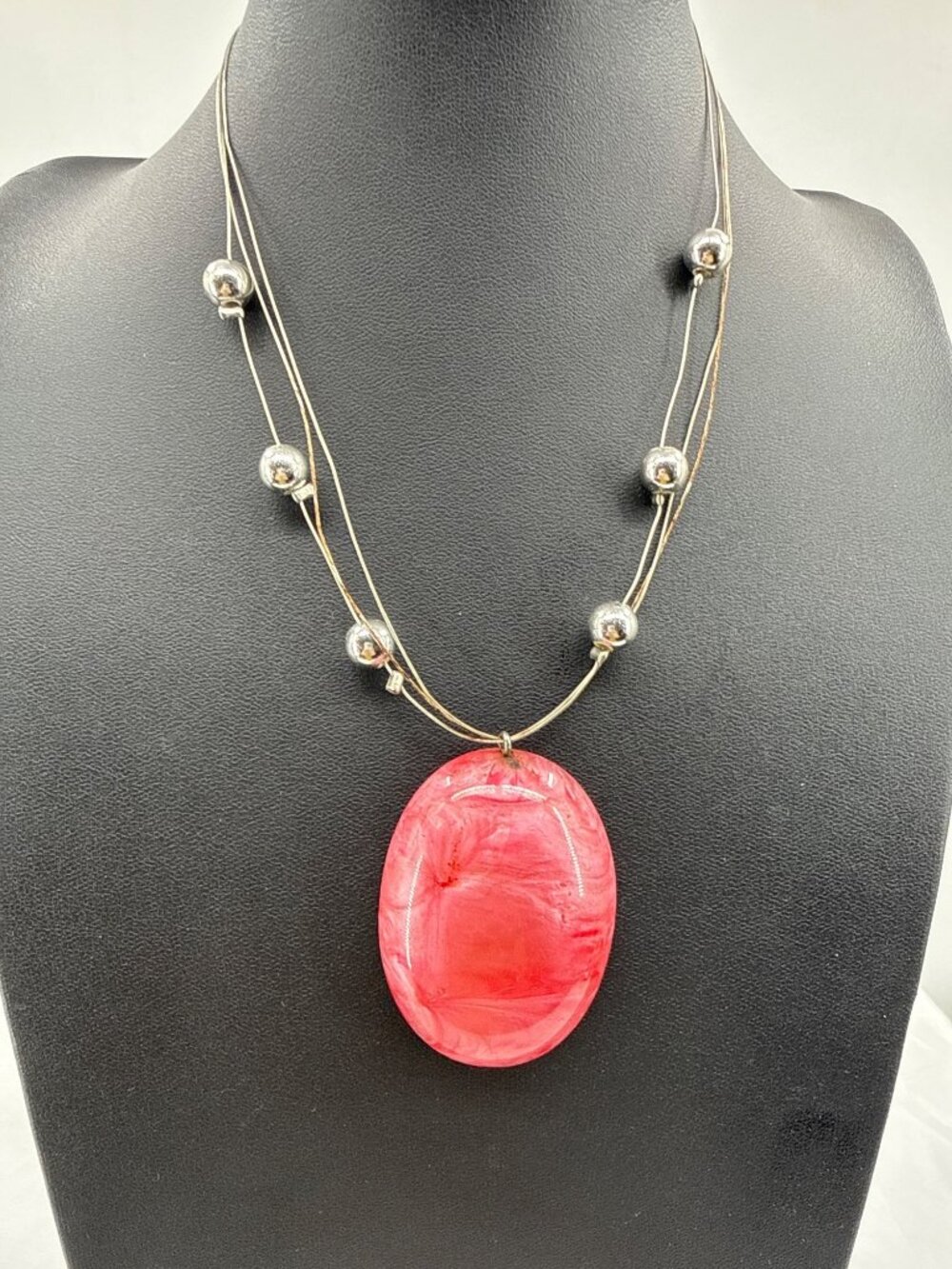 Y2K Cherry Quartz Illusion Cord Necklace Pink Marbled Oval Statement Pendant